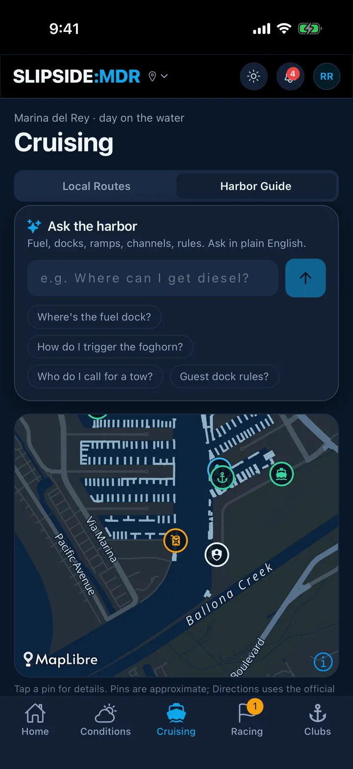 The Ask the harbor card with its suggestion chips
