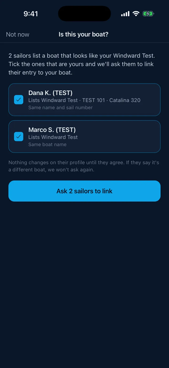 The claim sheet listing sailors who list the same boat