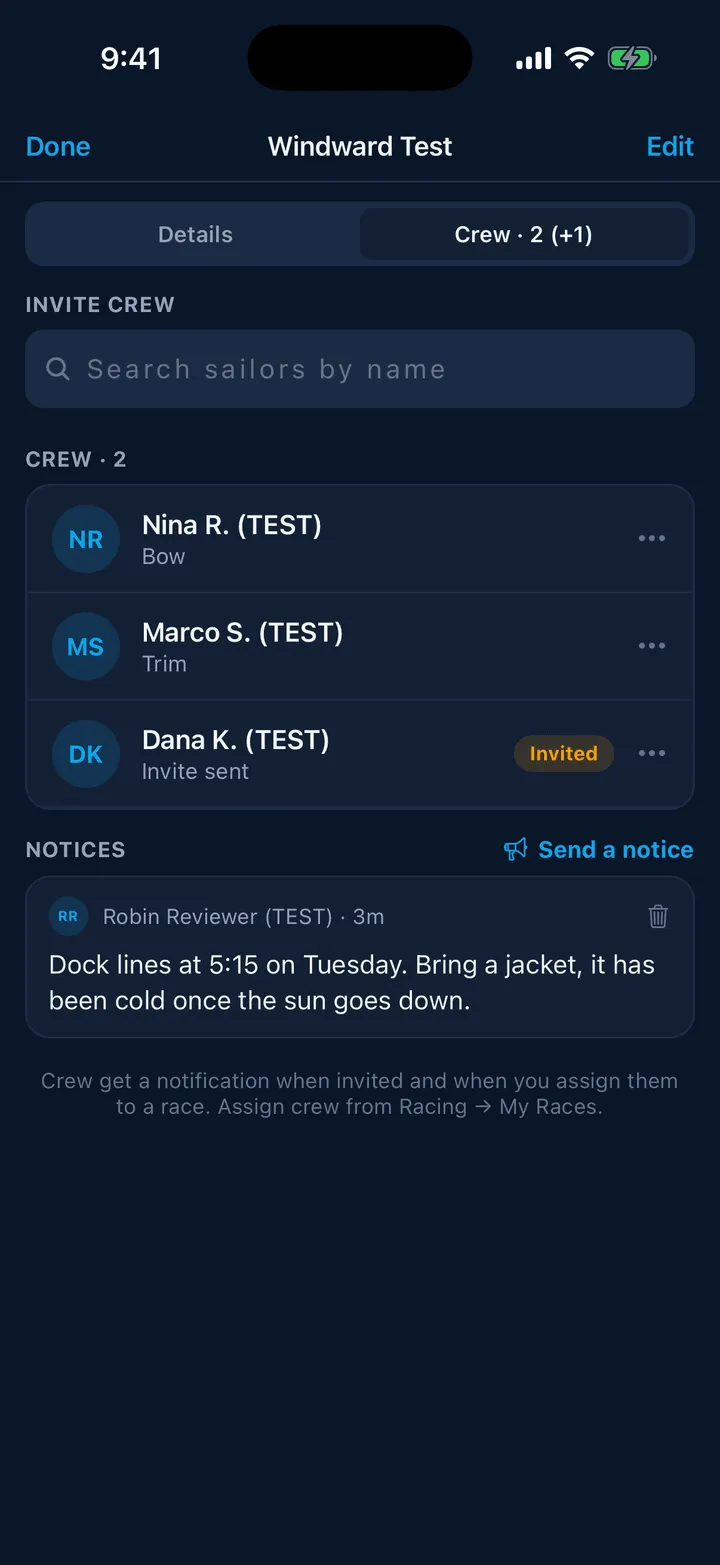 The crew roster with the invite search and the roster list