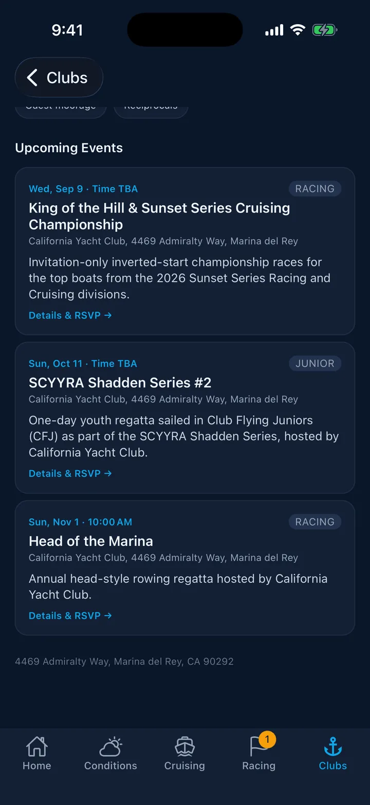 A club page with its upcoming events