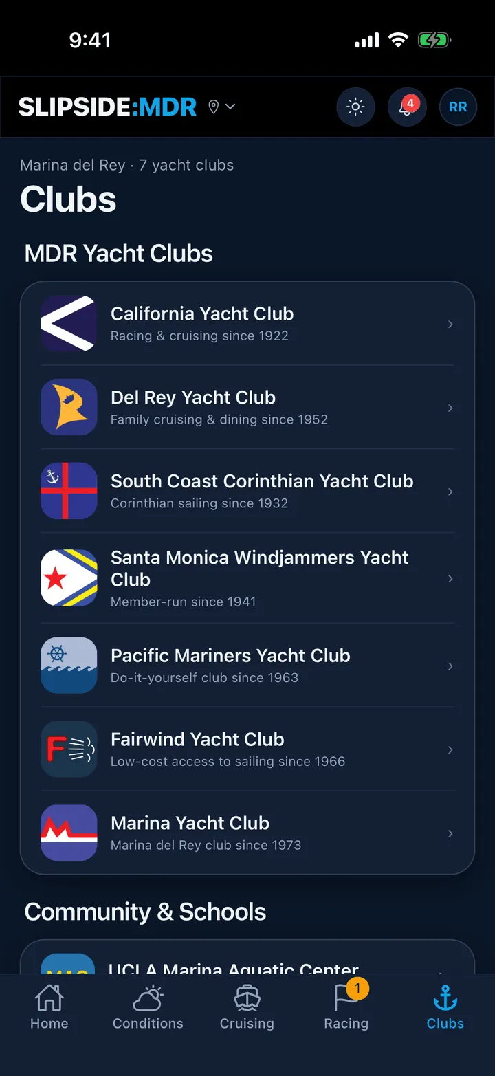 The Clubs tab listing the harbor’s yacht clubs