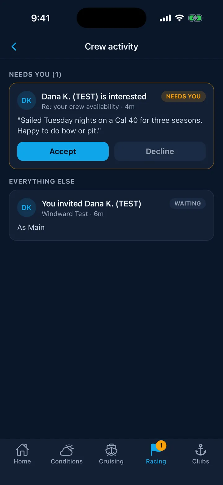 Crew activity showing a request that needs an answer
