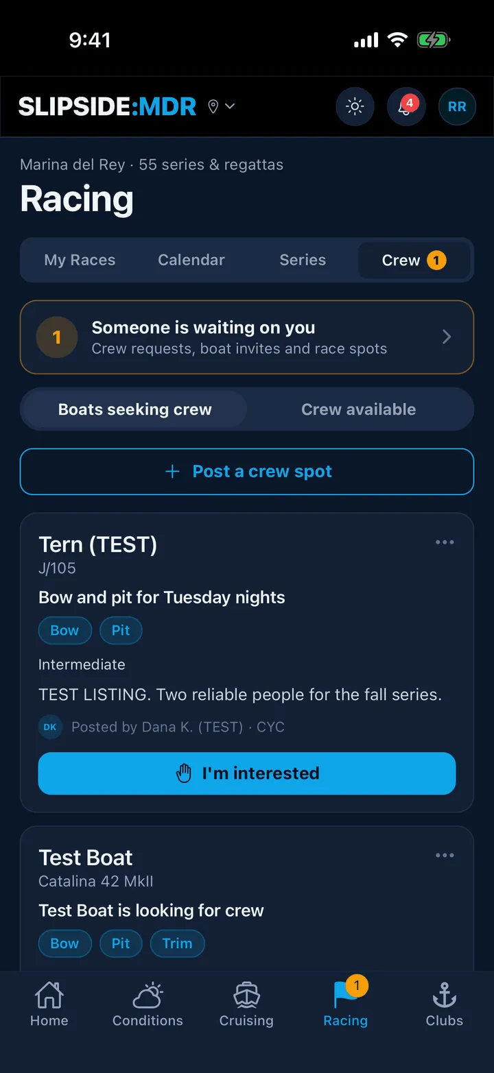The Crew Finder board with its two segments