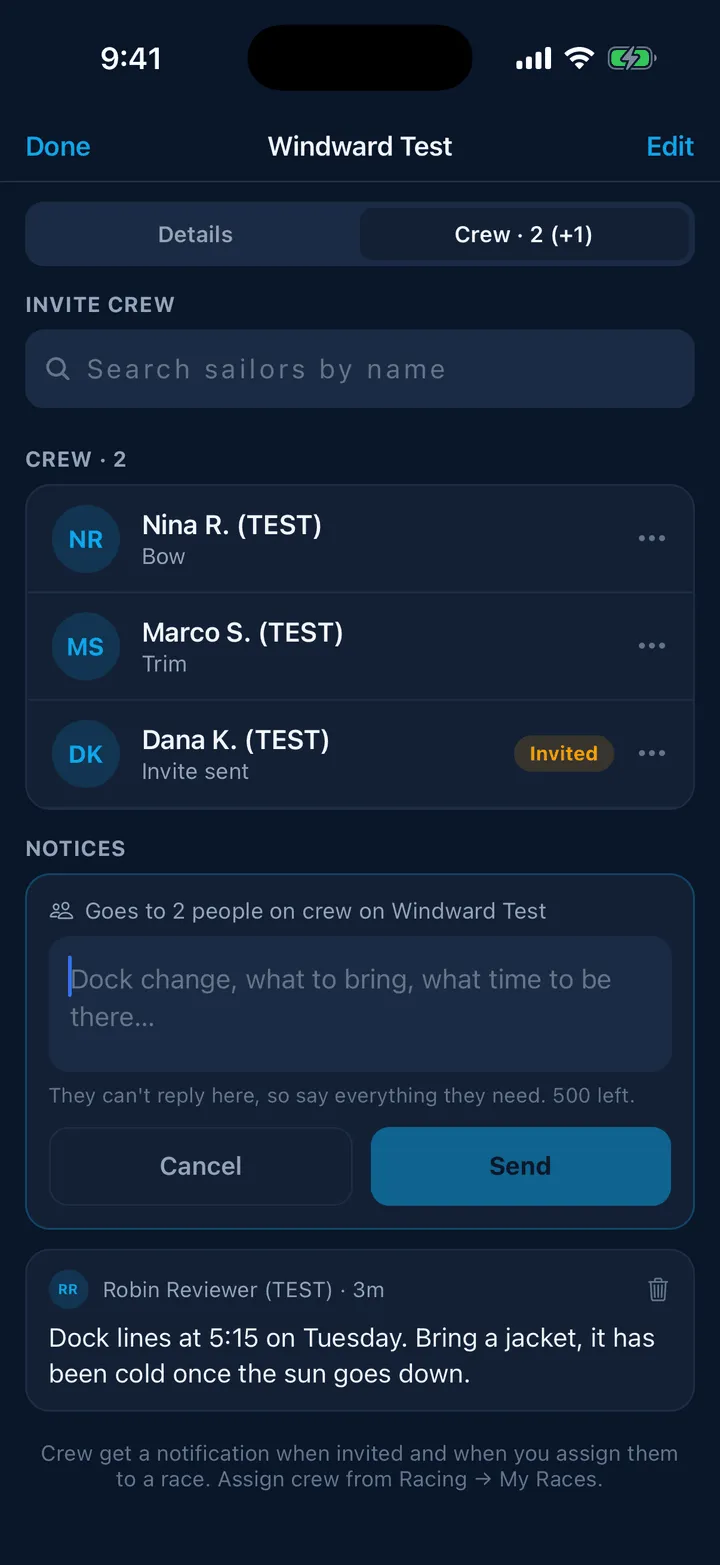 The notice composer on a boat’s crew tab