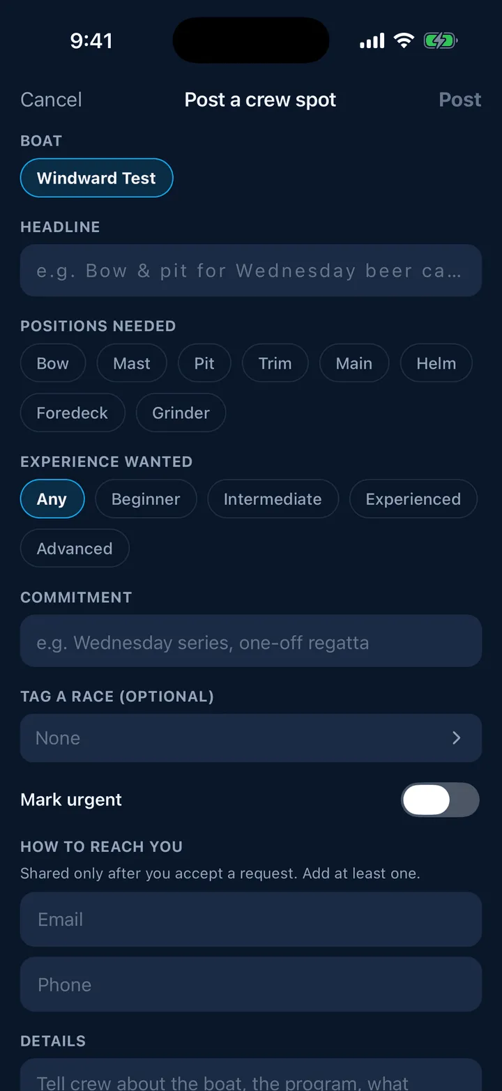 The Post a crew spot form