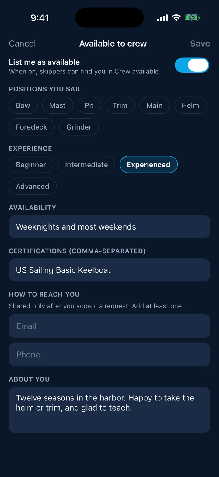 The crew profile form with positions and experience