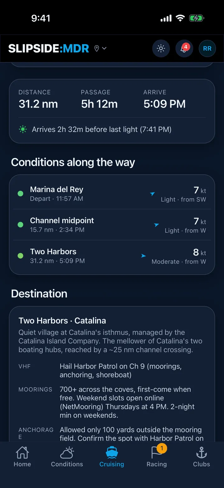 The Cruising tab with a route picked and the passage summary