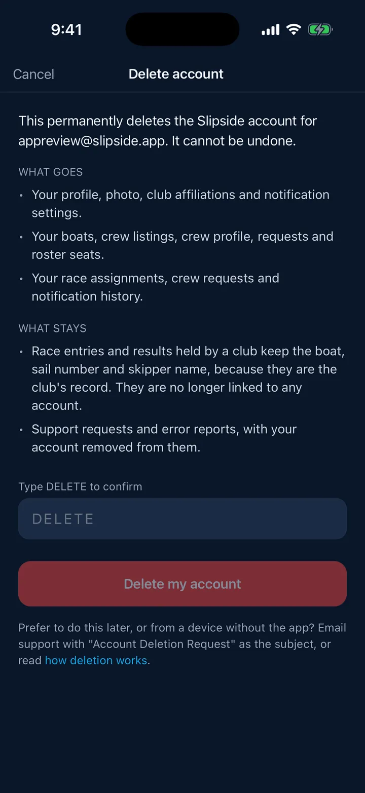 The delete account sheet with the DELETE confirmation field