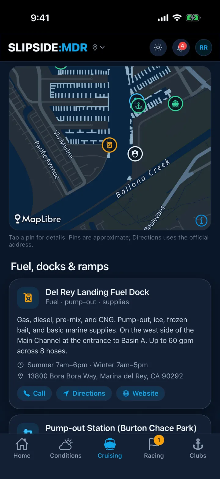 The harbor guide map with pins for fuel, pump-out and guest docks