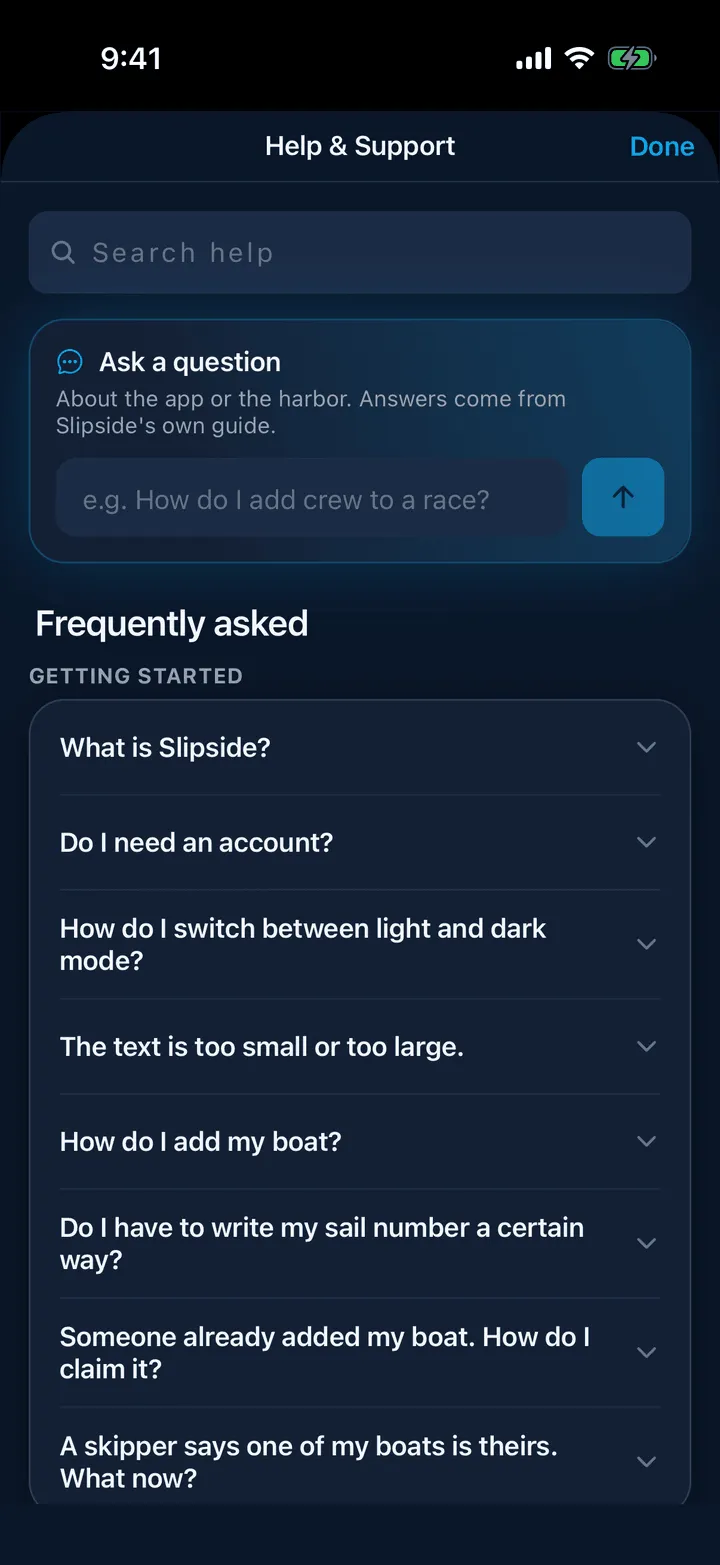 The Help and Support screen