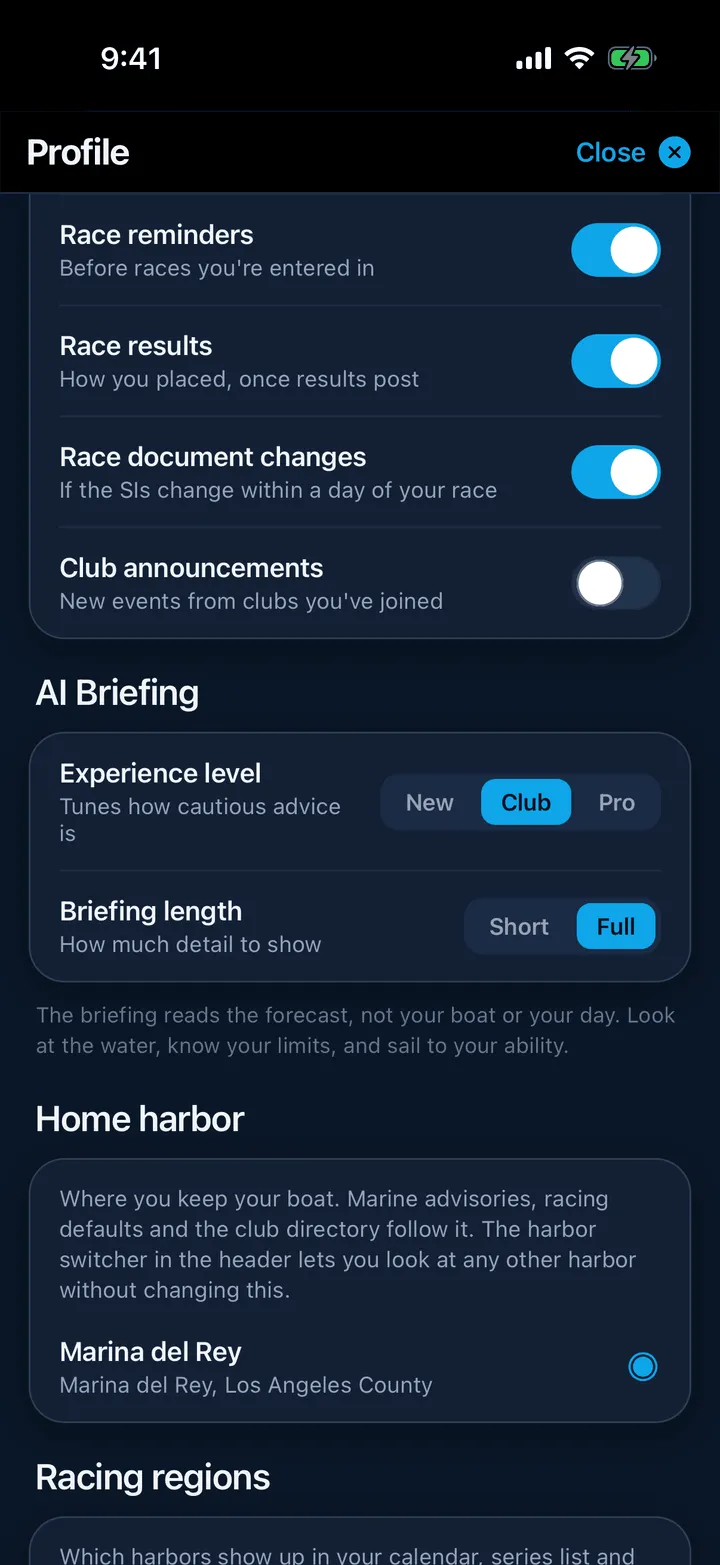 The Notifications section of Profile with the race switches