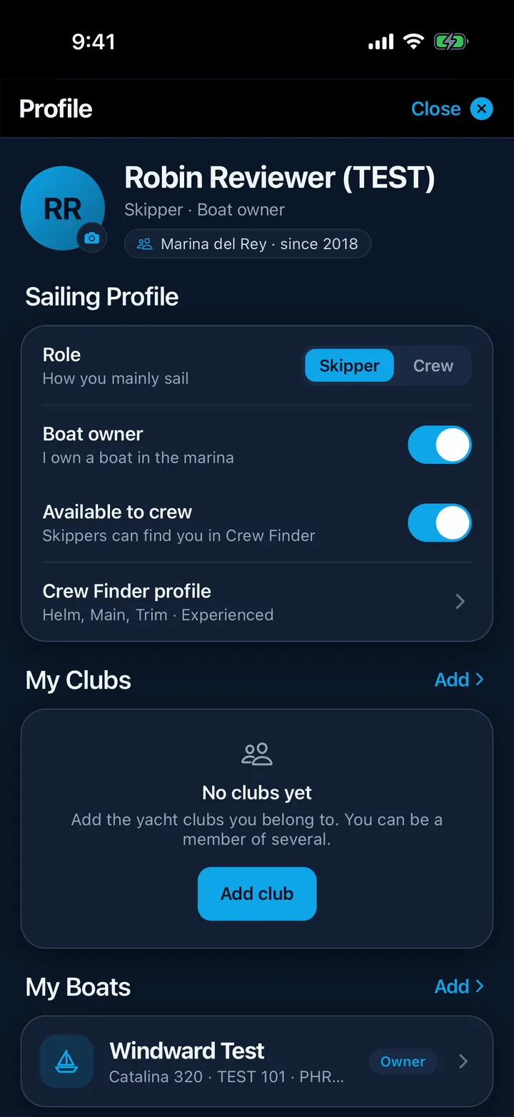 The top of Profile with the avatar, name and Sailing Profile section