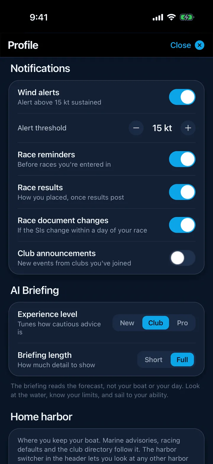 The Notifications section in Profile with Wind alerts on and the Alert threshold row