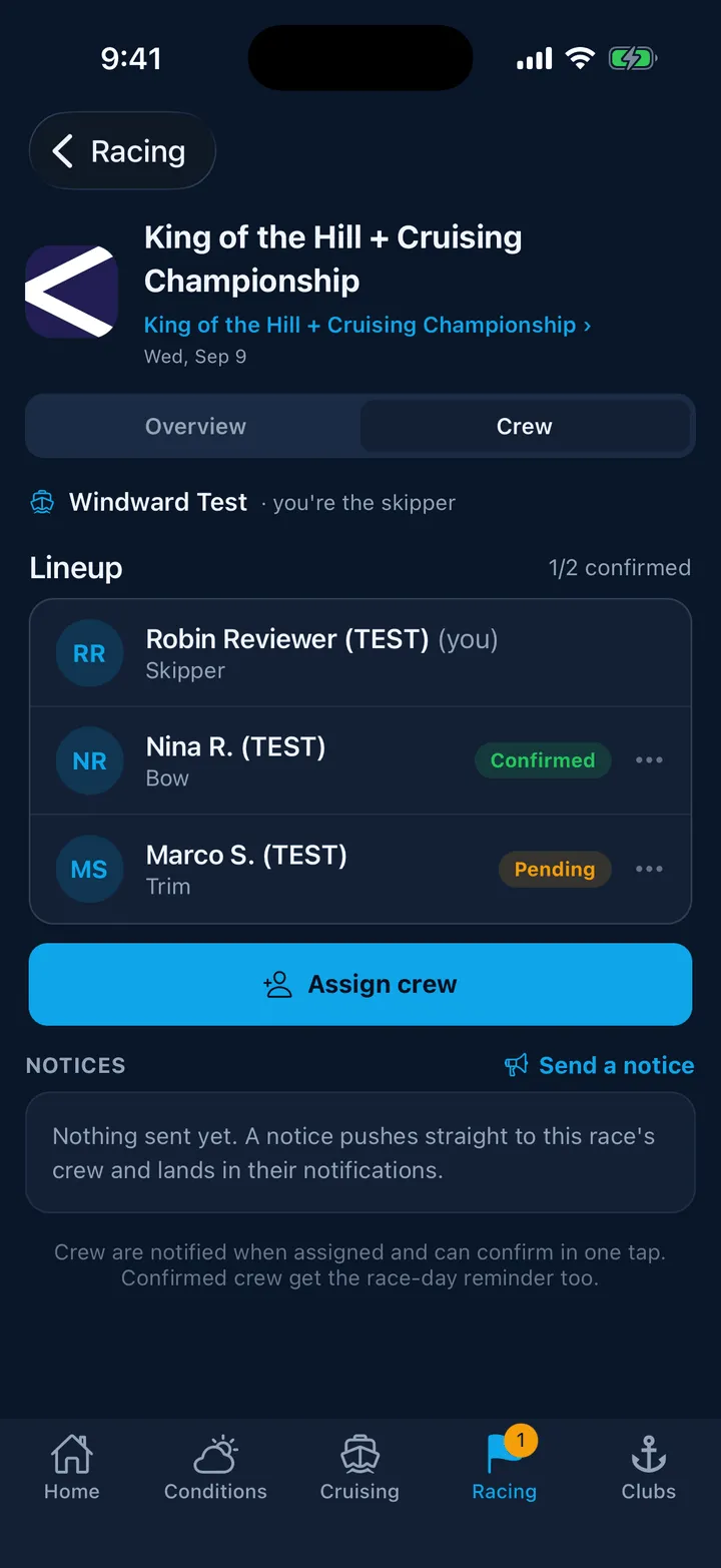 The race crew tab with the lineup and Assign crew