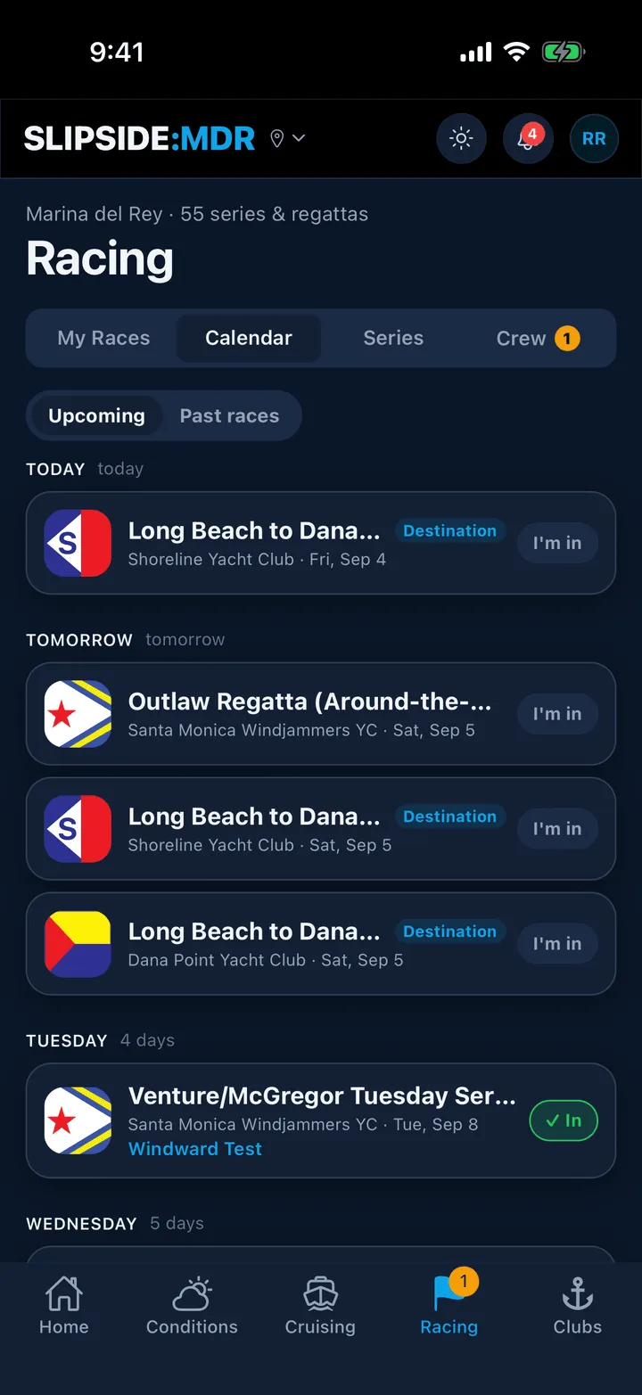 The Racing tab showing the four sub-tabs and the calendar